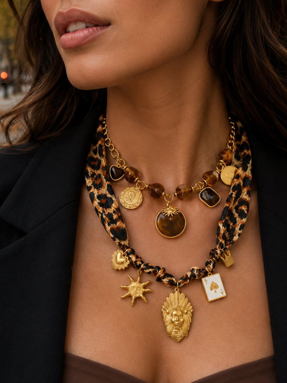 2pc Layered Leopard Scarf Charm Necklace Set Gold Amber Bead Detachable